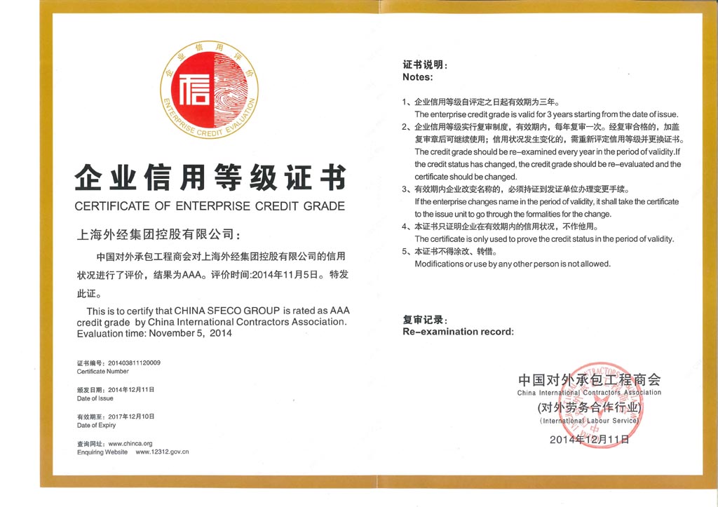 企业信用等级AAA级（对外劳务）